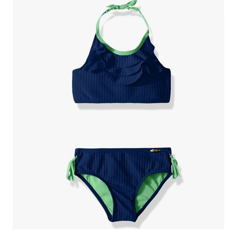 Jessica Simpson Girls' 2-Piece Bikini Swimsuit Set Ruffle Front Navy Size 12